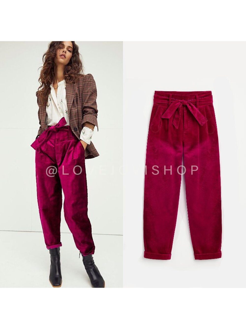 Bohemian | Free People Velvet Pants w Belt | Fuchsia Holiday Party Maximalist